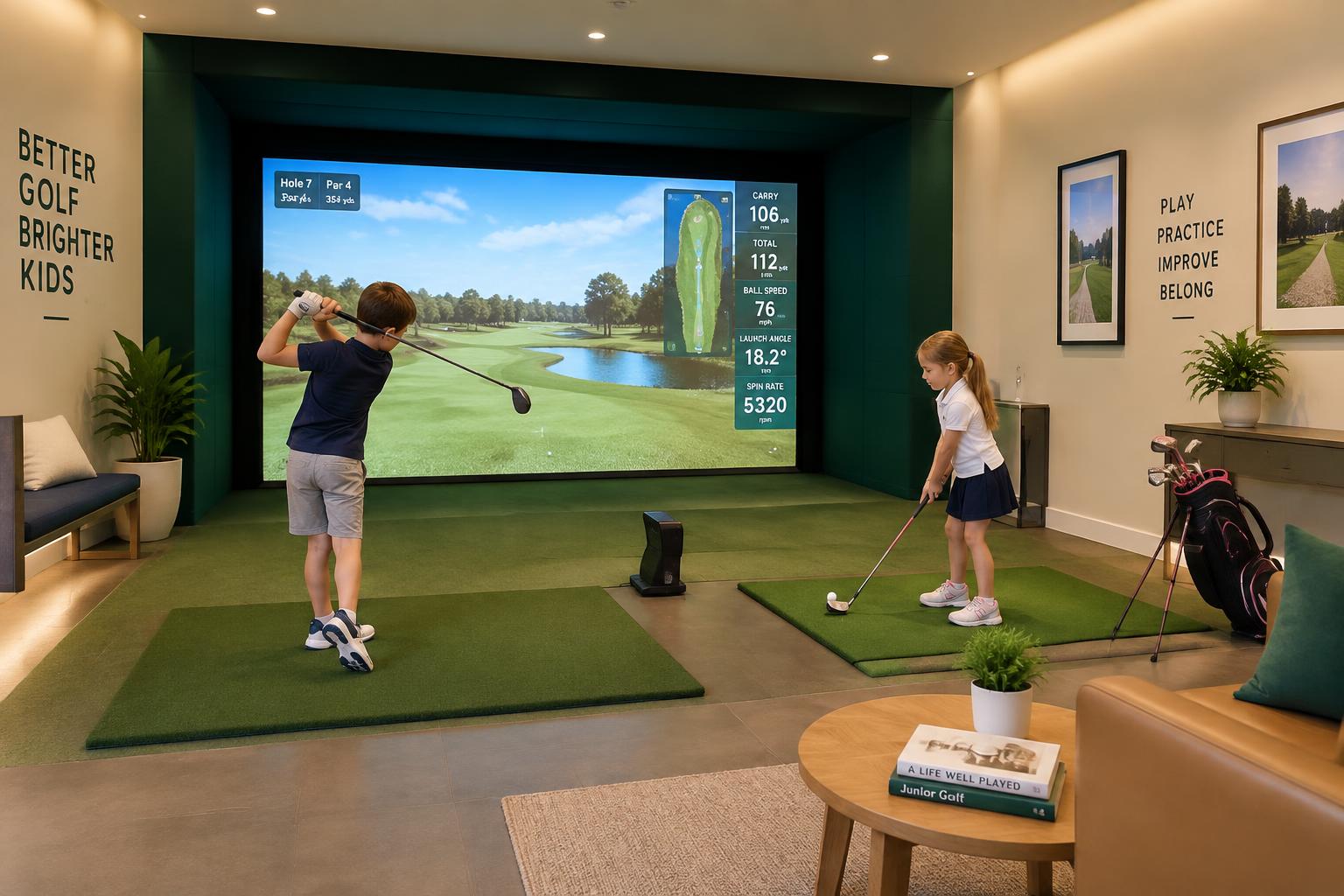Placeholder image: kids playing golf in a bright indoor simulator bay at The Cut Club in Corona, CA
