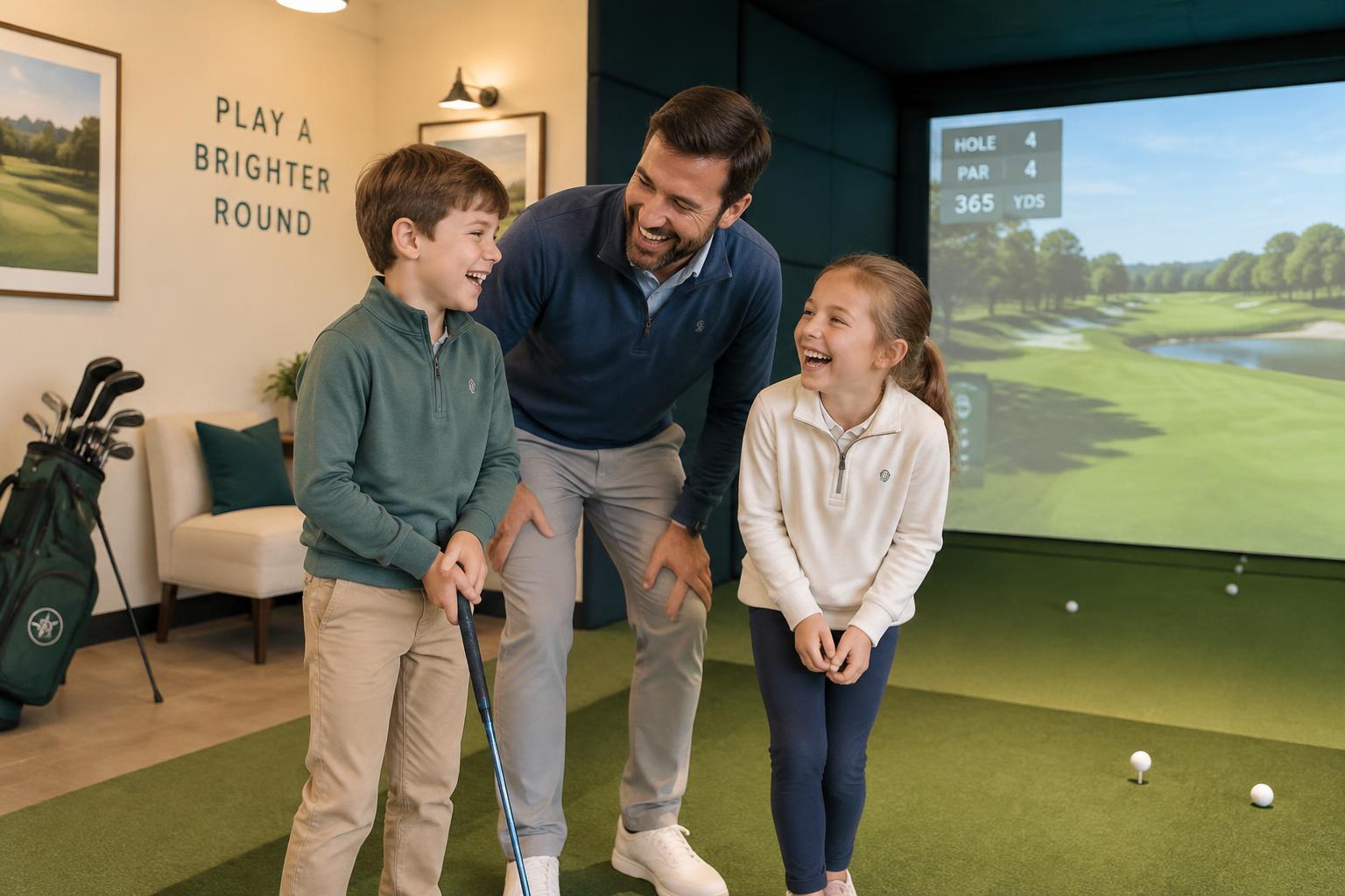 Placeholder image: a parent and two children laughing together at a simulator bay