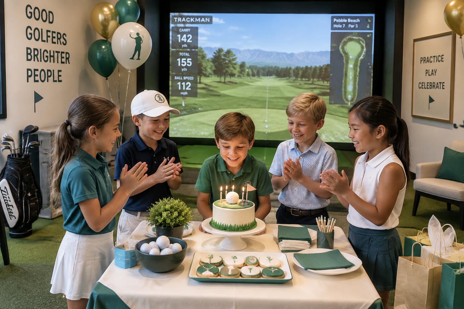 Placeholder image: a kids' birthday party with cake and golf balls in a simulator bay at The Cut Club