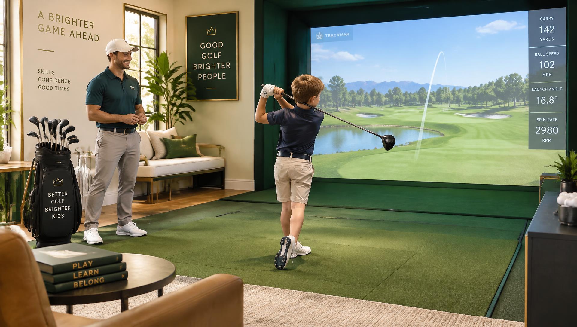 Placeholder image of a junior golfer practicing in an indoor simulator bay at The Cut Club in Corona, CA